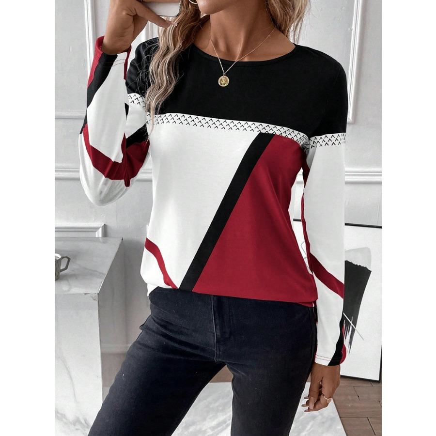 Женский пуловер с круглым вырезом, контрастный цветной топ с геометрическим принтом, женская футболка
