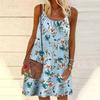 Women Flower Camellia Printed Mini Dress Sleeveless Party Dress Summer Beach Dress Sundress