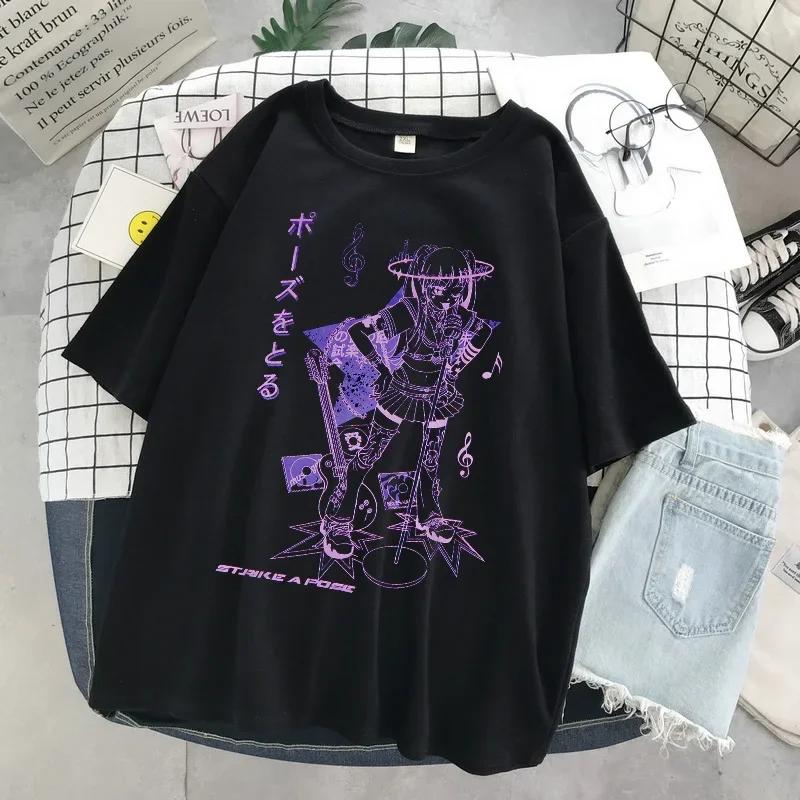 Женская футболка большого размера Kawaii Goth Harajuku Music Girl Print Black Crop Top Short Sleeve Женские футболки Y2k Mujer Grunge Kpop