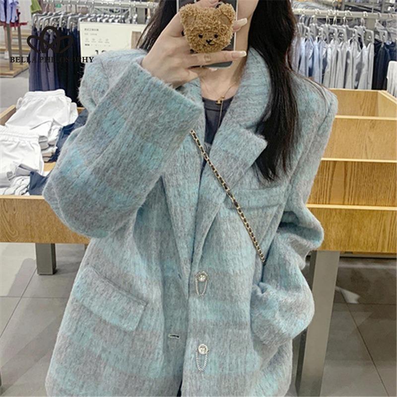 Autumn Winter New Vintage Plaid Woolen Coat Korean Style Casual Design Advanced Sense Loose Suit Woolen Coat