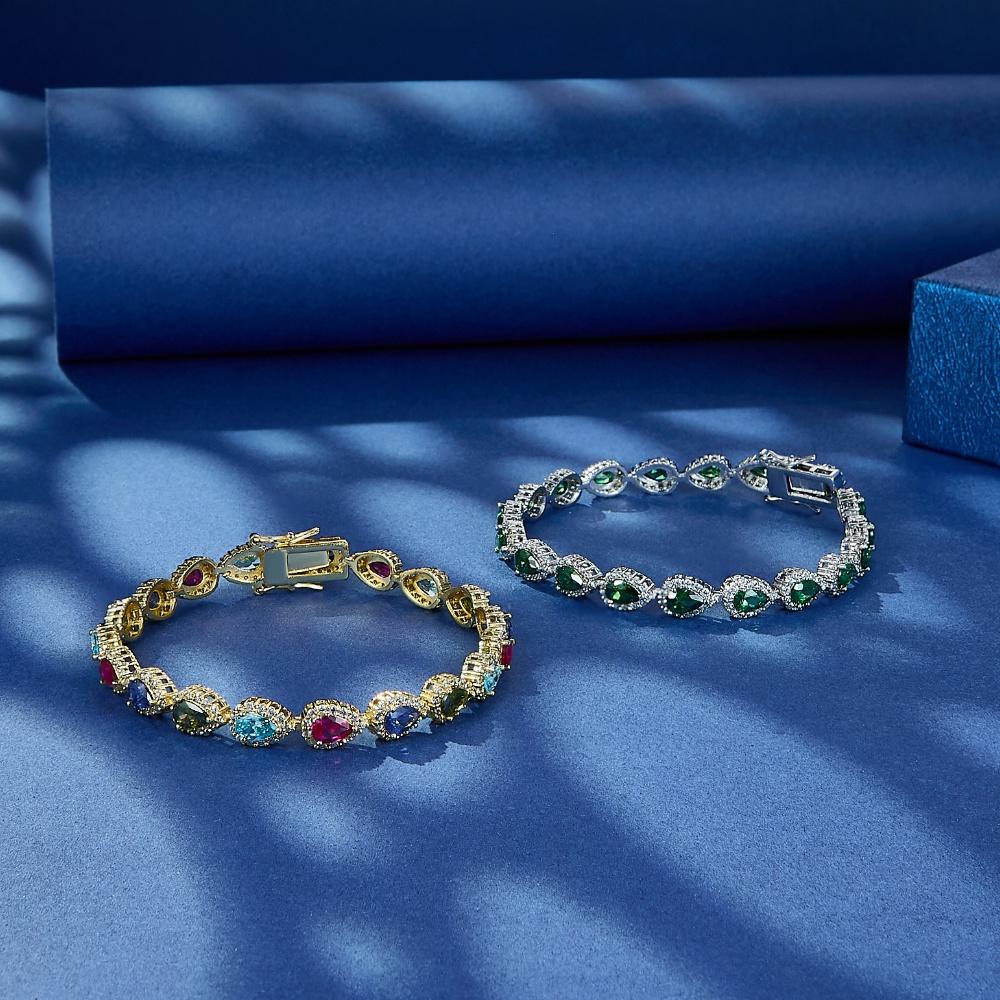Rainbow Pear Tennis Bracelet 14K Gold Plated Copper Colorful Cubic Zirconia Bracelets