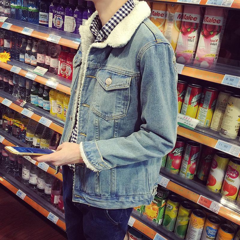 Мужская зимняя джинсовая куртка в стиле ретро с меховым воротником и подкладкой из овечьей шерсти