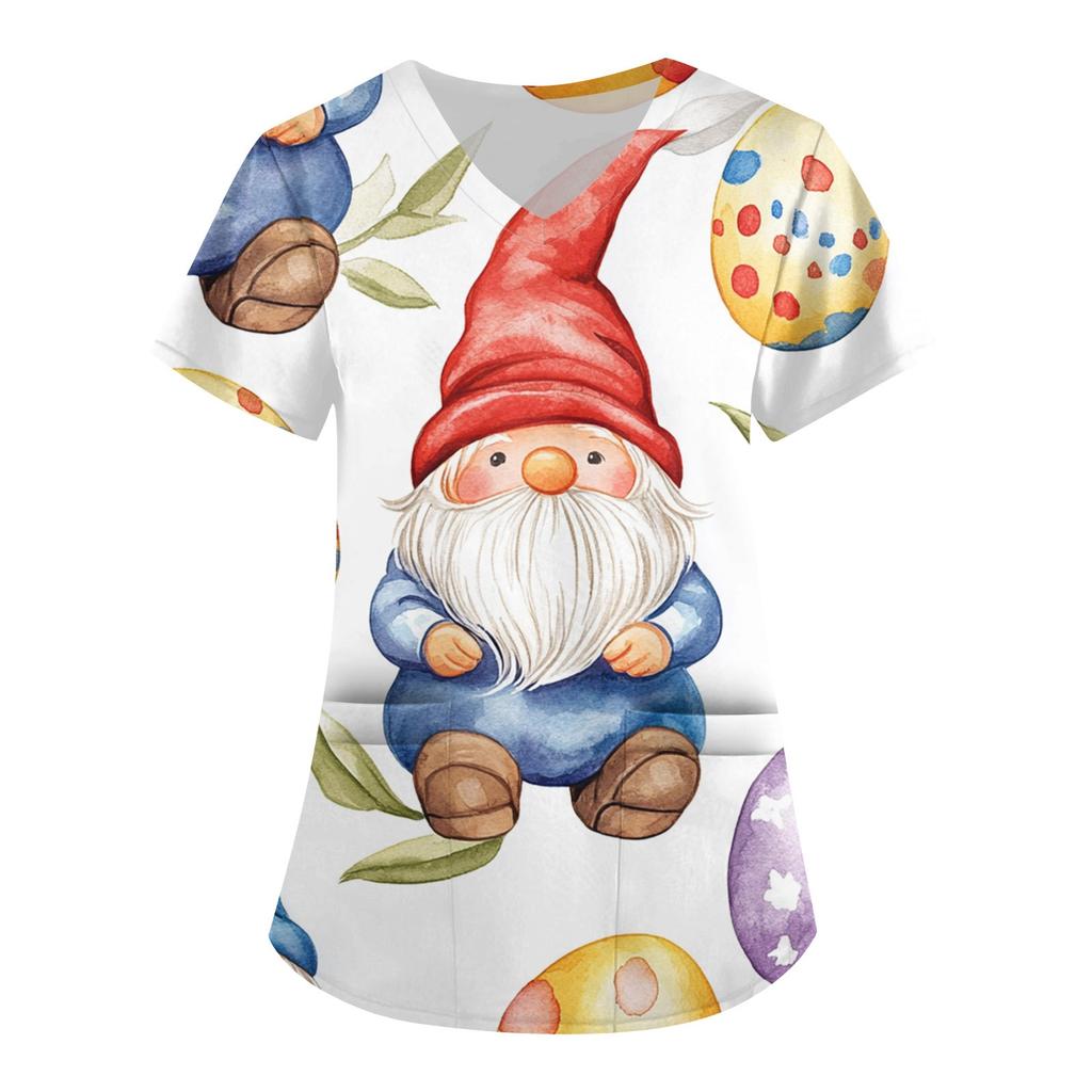 Женская модная рабочая одежда с V-образным вырезом и короткими рукавами, с карманами, с принтом в виде пасхального топа, одежда для ухода