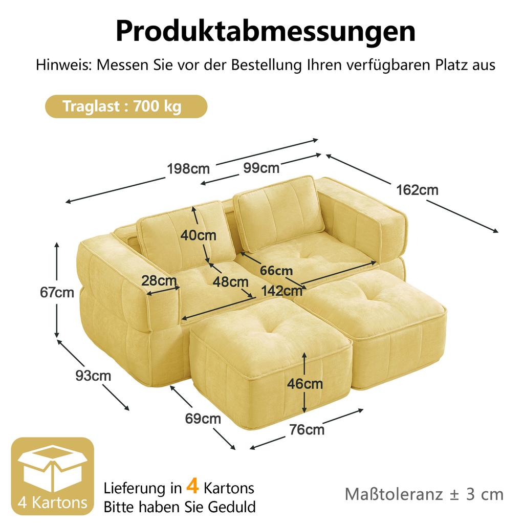 Modular Two-Seater Sofa with Two Stools, Without Struts, 32D High-Density Foam, Deep Seat, Soft Fabric, Ideal for Living Room and Apartment, Yellow.