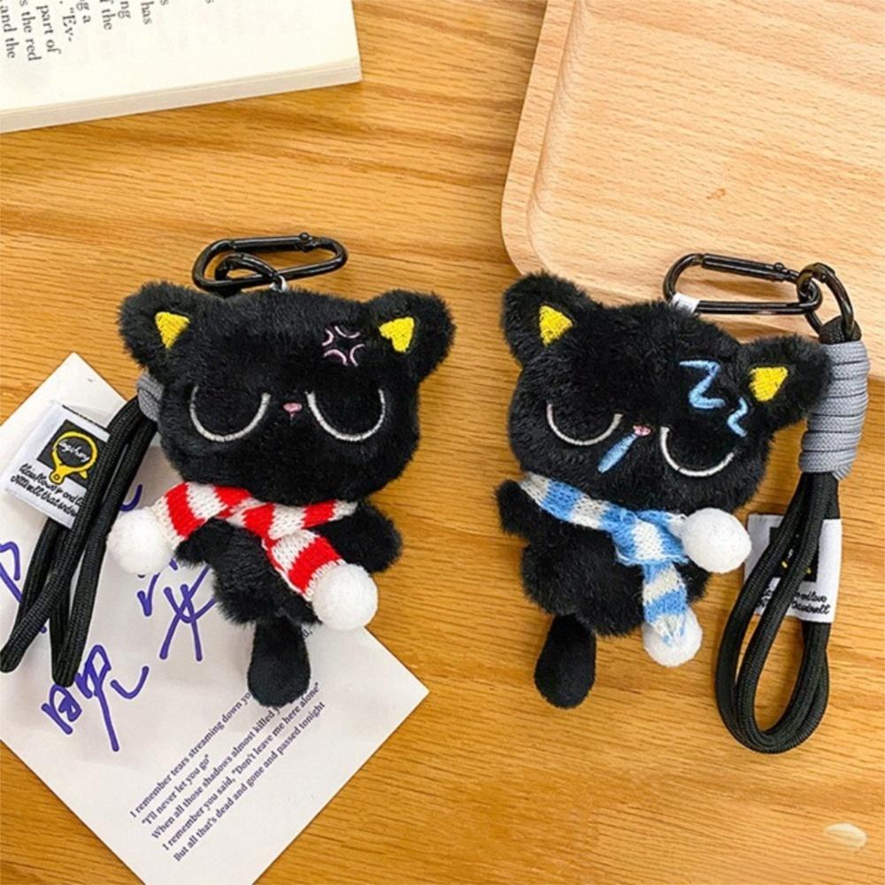 Stripe Scarf Black Cat Plush Keychain Soft Car Key Ring Doll Bag Pendant  School Bag Decoration