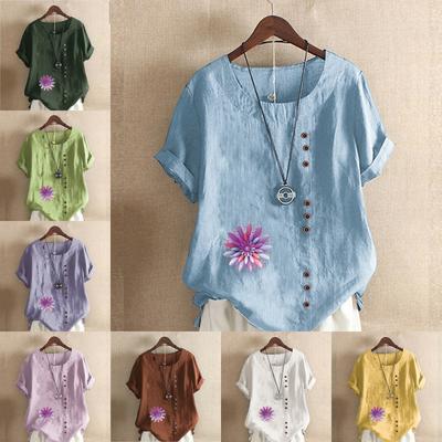 Женская модная футболка с цветочным узором и круглым вырезом с коротким рукавом, повседневная хлопково-льняная рубашка с рисунком, свободная летняя блузка для отдыха, топы больших размеров