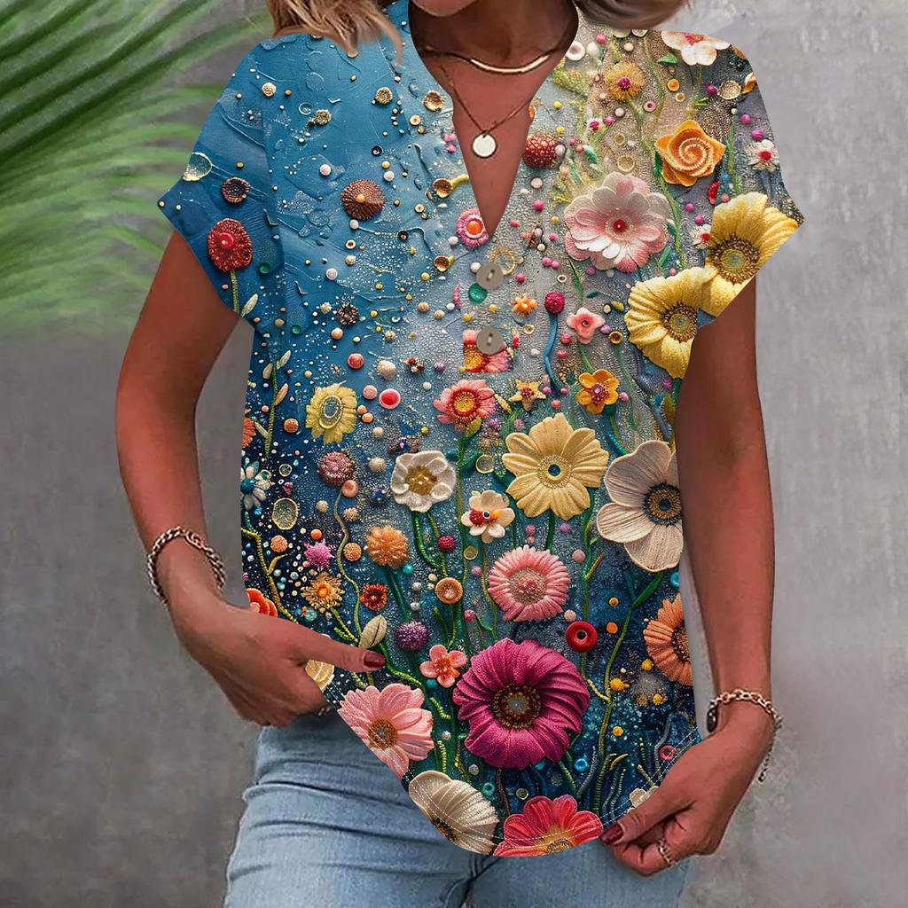 Женская модная повседневная рубашка с v-образным вырезом и коротким рукавом с принтом, футболка на пуговицах, топ
