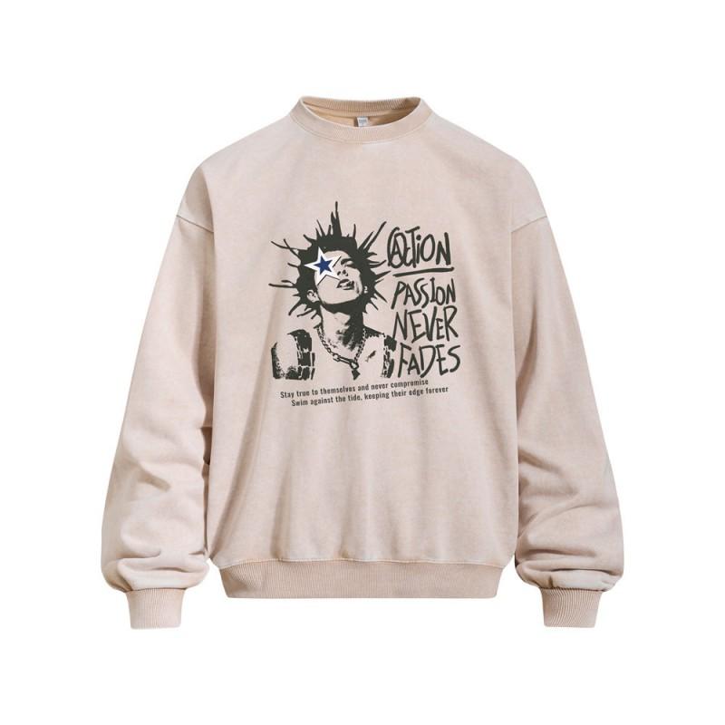Mens Oversized Cotton Blend Graphic Hoodie Streetwear Vintage Washed Crewneck Sweatshirt Fall