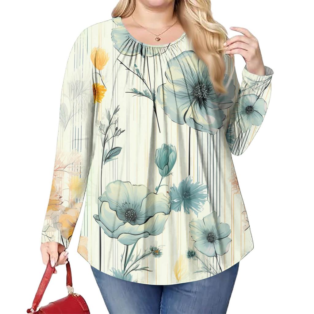 Women's Plus Size Fashion Printed Casual Pleated Round Neck Long Sleeve Top
