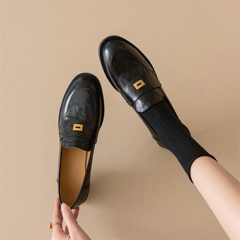 Meotina Женские лоферы из натуральной кожи, туфли-лодочки с круглым носком на толстом среднем каблуке с металлическими украшениями, женская модная обувь, весенне-осенний цвет коричневого цвета 40