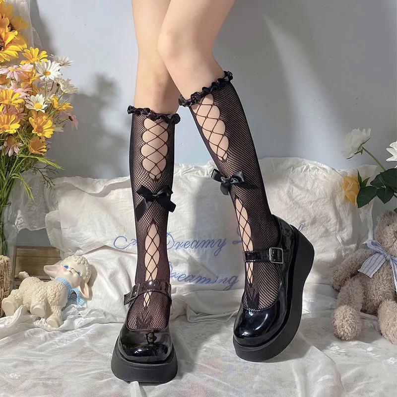 Милые кружевные ажурные чулки до колена в сеточку с бантом для женщин, милые Лолита Jk
