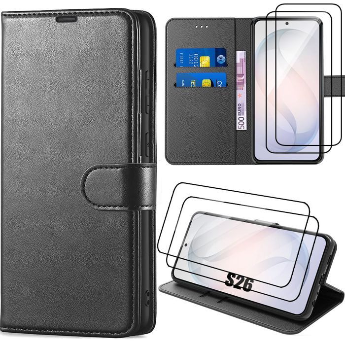 Coque pour Samsung Galaxy S26, Protection Anti-Rayures Antichoc Synthécuir Noir - 2 Verres Trempés
