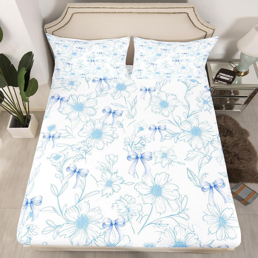 Simple Bow Pattern Mattress Three-Piece Digital Printing Mattress Bedding Set Adult Children