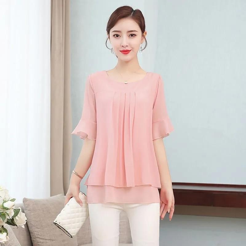 Chiffon Shirt Women Summer Large T-shirt Short Sleeve Solid Loose Top Casual Oversized T-shirt Korean Fashion Clothes for Women Shirts and Blouses