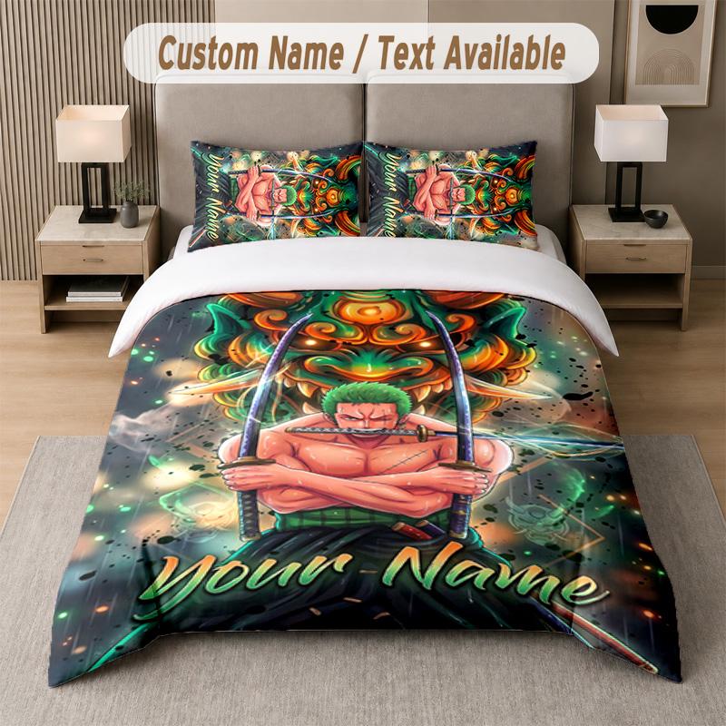 One Piece 3Pcs Bedding Set, Personalized Custom Name Text, 1 Duvet Cover & 2 Pillowcases For Bedroom