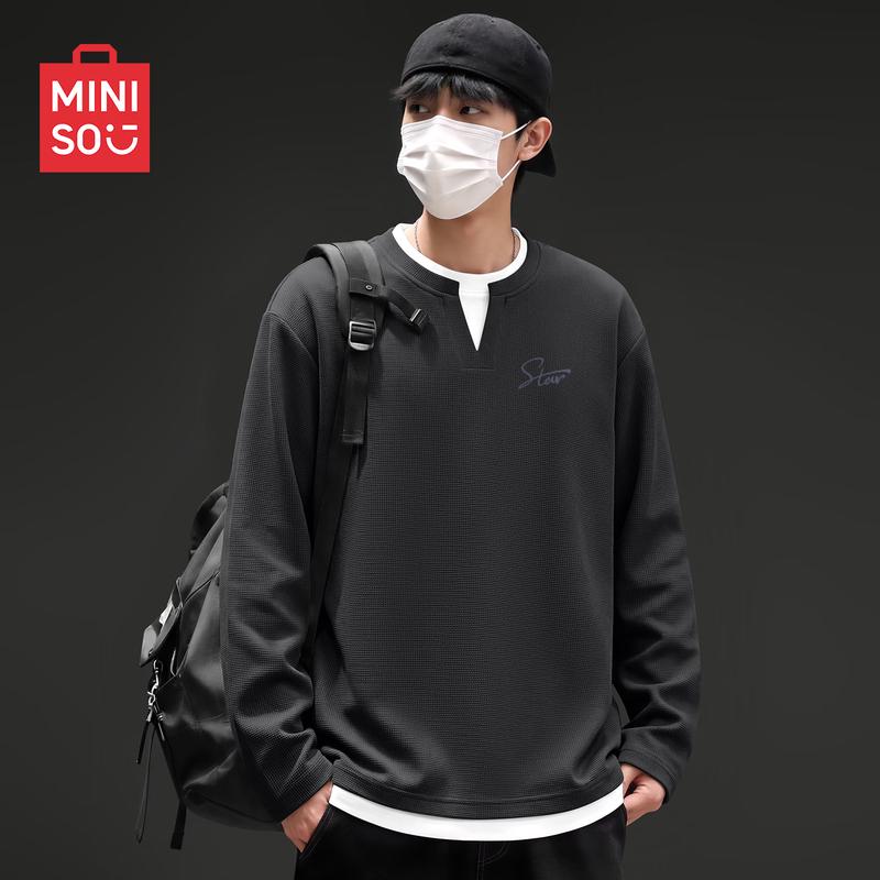 MINISO Men's Waffle Texture Faux-Layer V-Neck Long Sleeve Tee