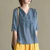 Women's Summer T Shirt Half Sleeve V Neck Embroidered Blouse