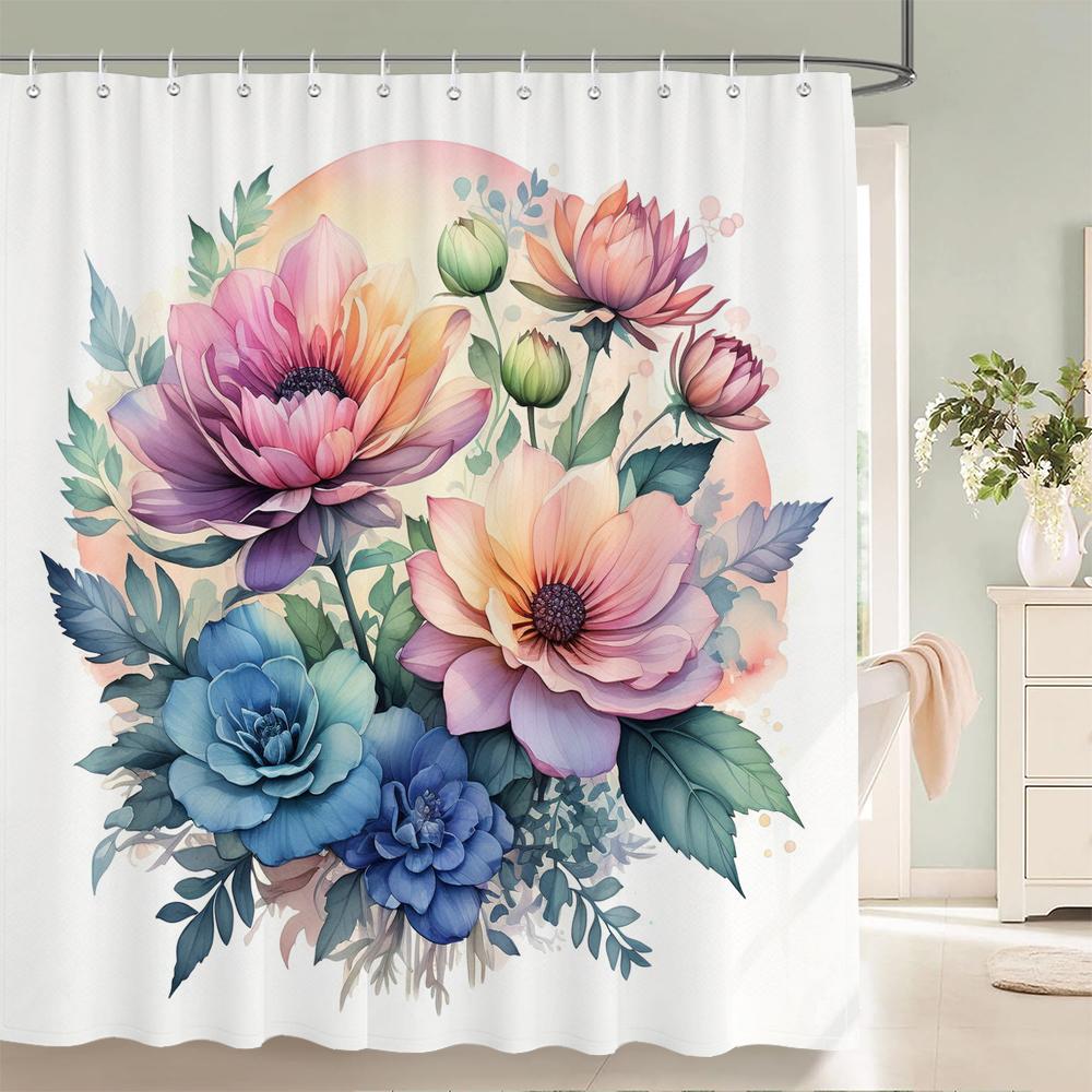 Tulip Flowers Print Shower Curtains Watercolor Boho Floral Waterproof Polyester Bathroom Bathtub Curtain Room Decor With Hooks
