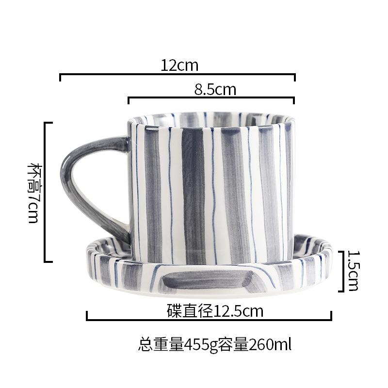 Минималистский набор из нарисованных вручную полосатых чашек и тарелок, керамическая чашка для кофе с молоком, чашка для послеобеденного чая объемом 280 мл/9,5 унций, домашний напиток