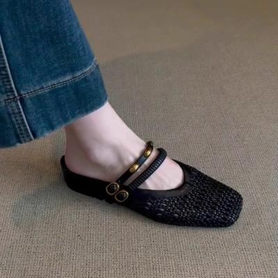 Версия из мягкой кожи~ внутренняя высота увеличена 2025 супер огненная сумка голова туфли женские слово с квадратным носком полушлепанцы крутые шлепанцы женские su