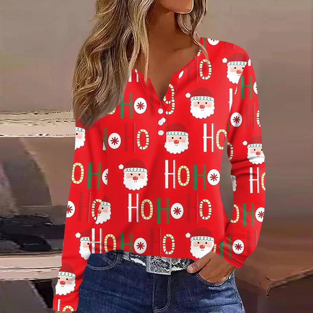 Women's T Shirt Tee Christmas Print Button Long Sleeve Daily Weekend Fashion Basic V- Neck Regular Top