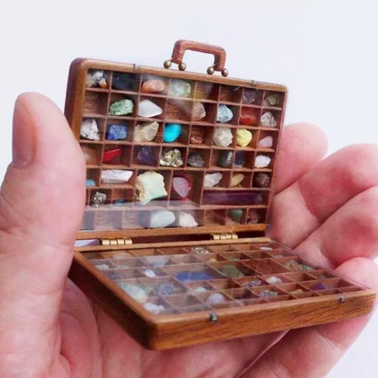 Wooden Gemstone Display Case Suitcase Shape Crystal Stone Mini Collection Box Portable Multi-Grid Organizer Box for Crystal Stones Small Collectibles