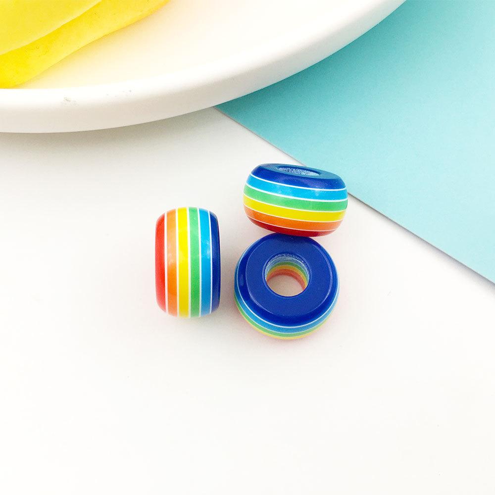 10 шт., 8*14 мм, круглые бусины из смолы в полоску с большим отверстием, акриловые семицветные радужные свободные бусины, браслет «сделай сам», интервальные бусины