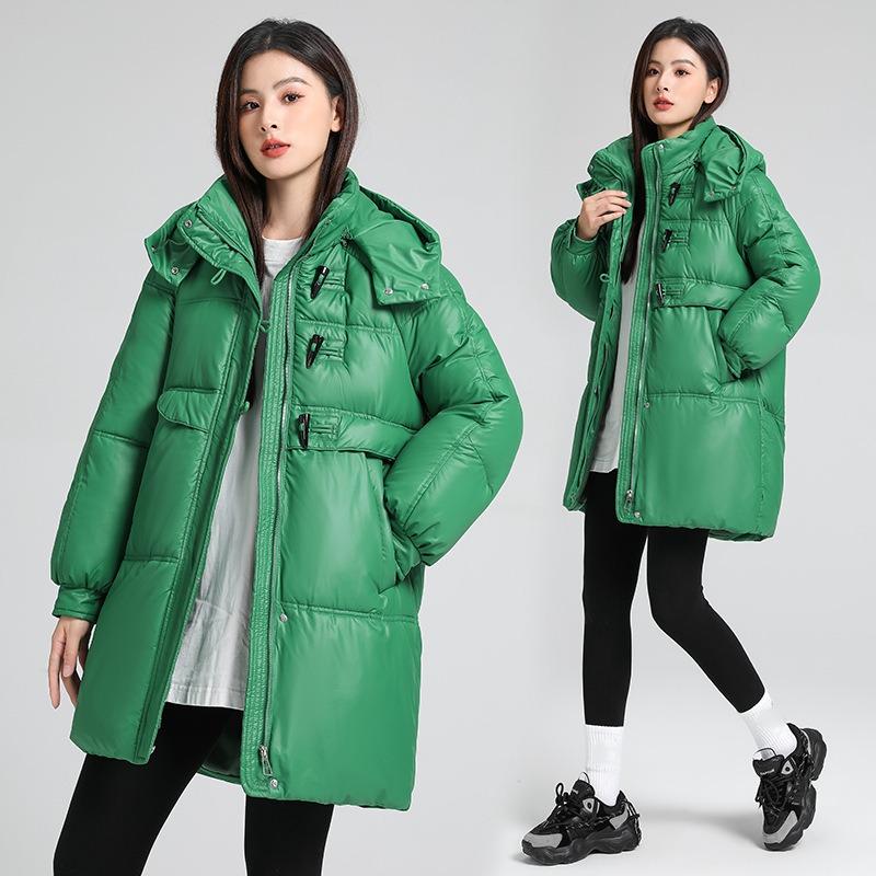 Autumn and Winter Women's Thickened Hooded Coat Loose Mid-length Windproof Warm Coat Cold Weather Clothing