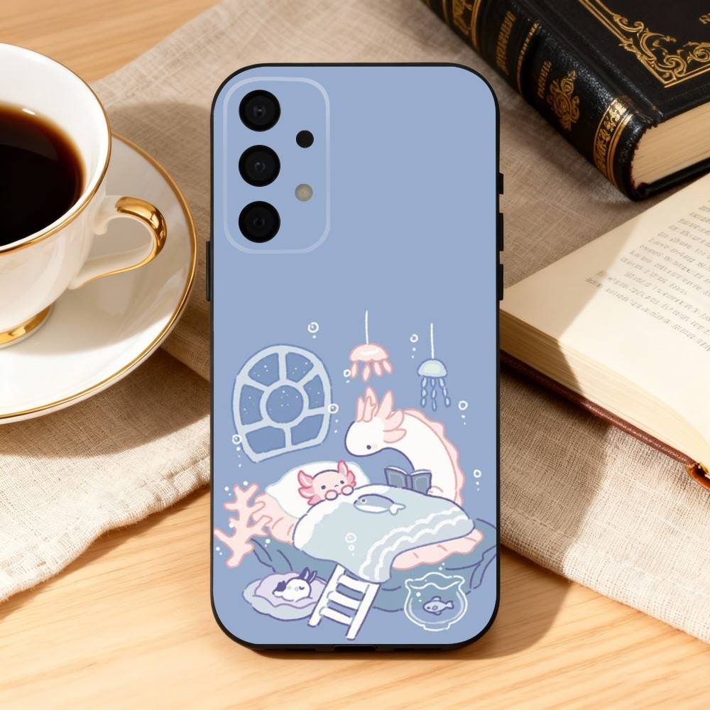 Cute C-Cartoon Axolotl Phone Case For Samsung Galaxy A73,A72,A71,A70,A53,A52,A51,Soft Silicone Black Cover