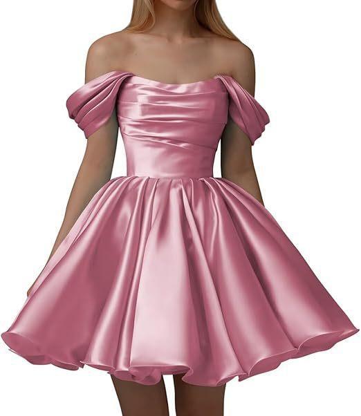 European and American one-word shoulder dress new satin short pleated dance wedding party dress daily dress