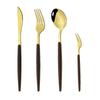 Dinnerware Set With Wooden Handle 4Pcs Gold Flatware Cutlery Set Coffee Spoon Dinner Knife Fish Fork Silverware Tableware Set