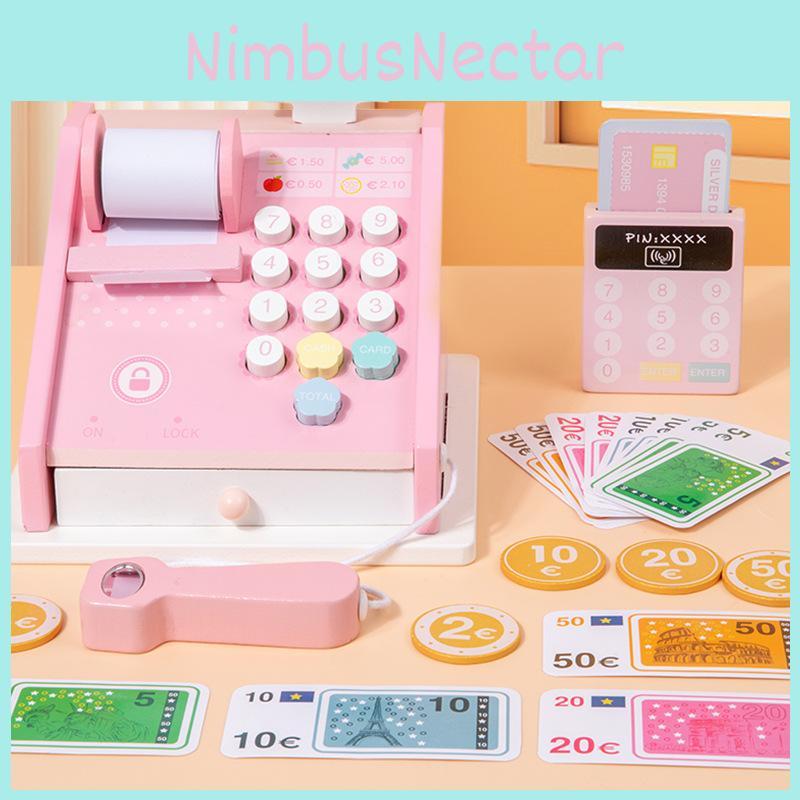 Деревянная игрушечная касса для супермаркета для детей с реалистичным сканером и ящиком
