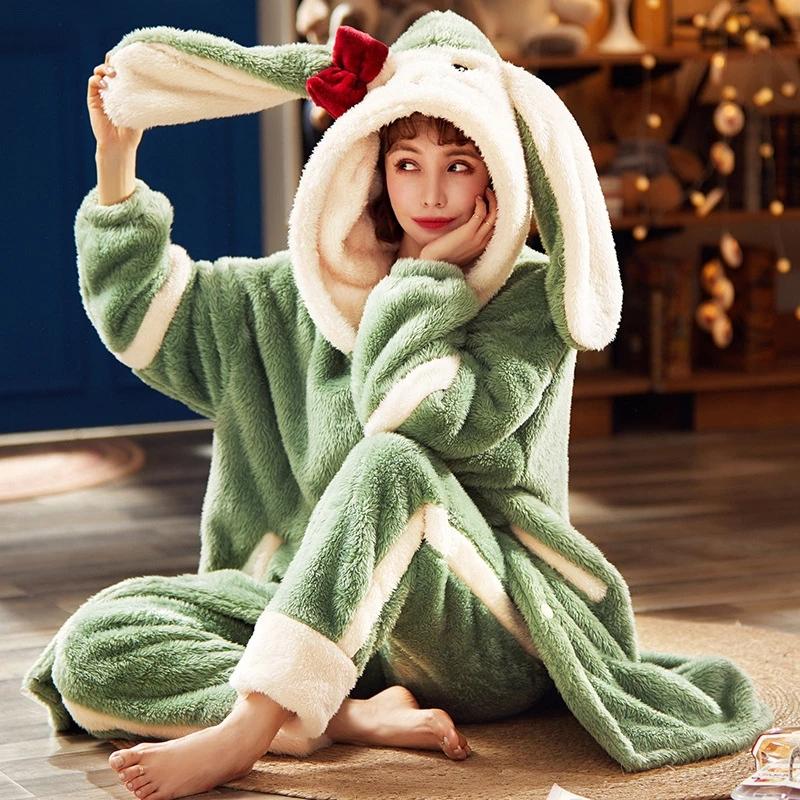 Милый женский халат осень-зима толстый фланелевый женский халат с капюшоном флисовый женский милый длинный халат для девочек домашняя одежда для женщин