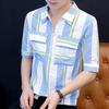New Summer Men's Short-sleeved Shirt Hairstylist Striped Semi-zipper Youth Trendy Handsome Five-point Shirt