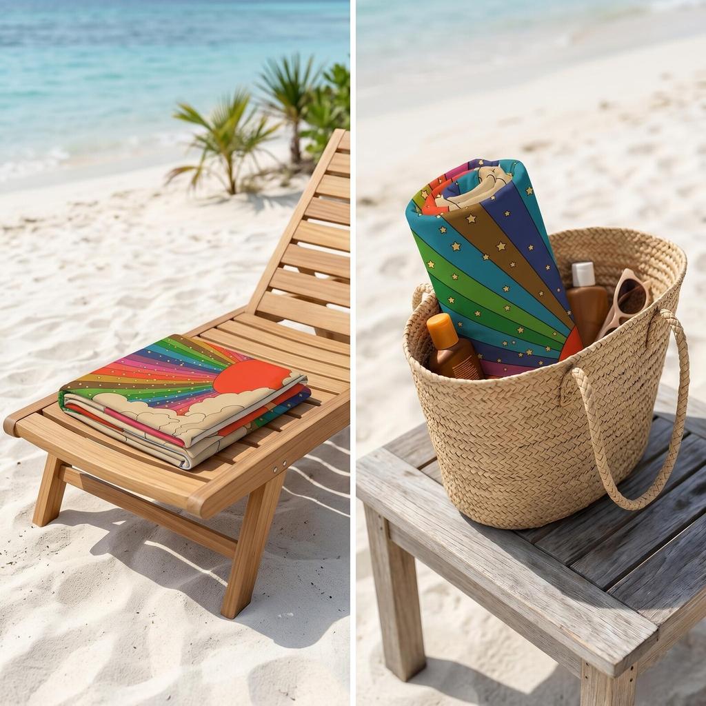 Retro Rainbow Beach Towel 70s Groovy Sun and Clouds Summer Bath Towels Bathroom Items Baby Sauna Spa For Home Travel Playa Gym