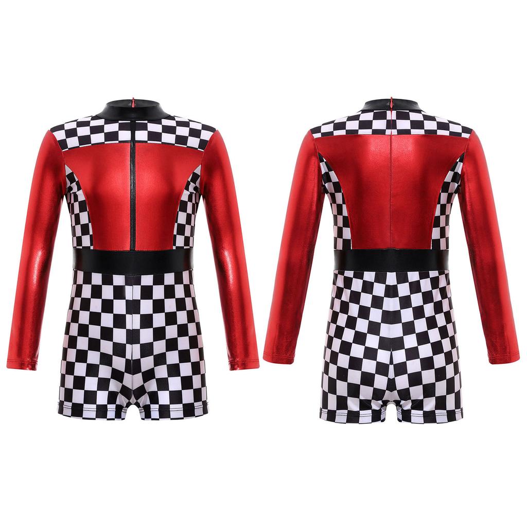 Костюм гонщицы, гоночный автомобиль, с длинным рукавом, клетчатый принт, молния сзади, короткий комбинезон, костюм для косплея