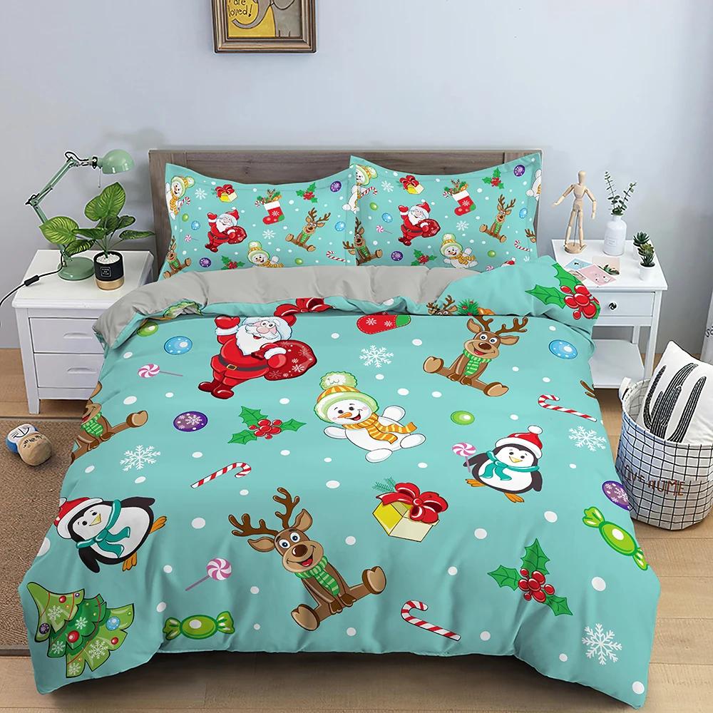 Santa Claus Pattern Bedding Set Christmas Deer Duver Cover Set for Kids Boys Girls Quilt Cover Queen Polyester Comforter Cover