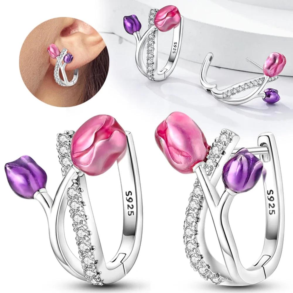925 Silver Earrings Women Jewelry Butterfly Flower Pink Flowers Zircon Hoop Ear Studs Sparkling Earring Wedding Gift
