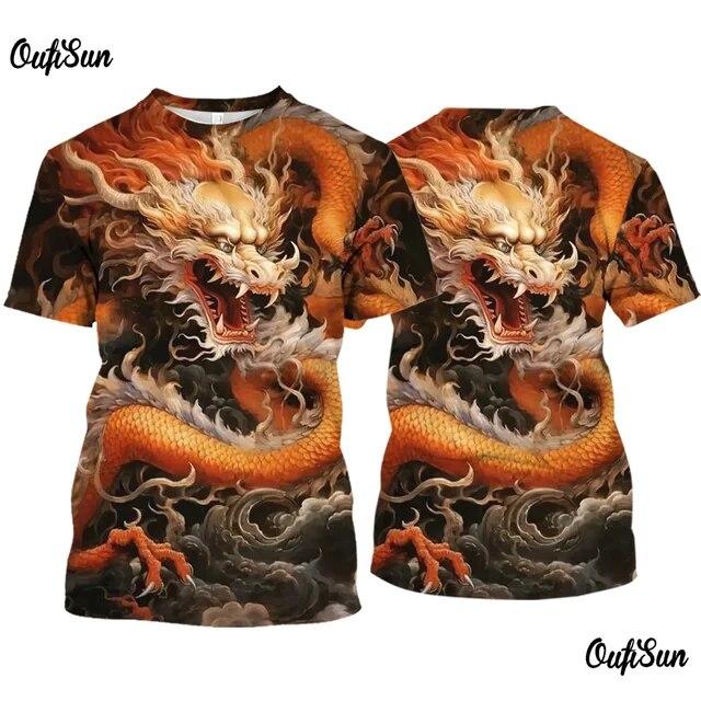 2024 Мужская футболка с 3D принтом дракона, летние футболки с короткими рукавами, повседневный пуловер с круглым вырезом, одежда большого размера, уличная футболка