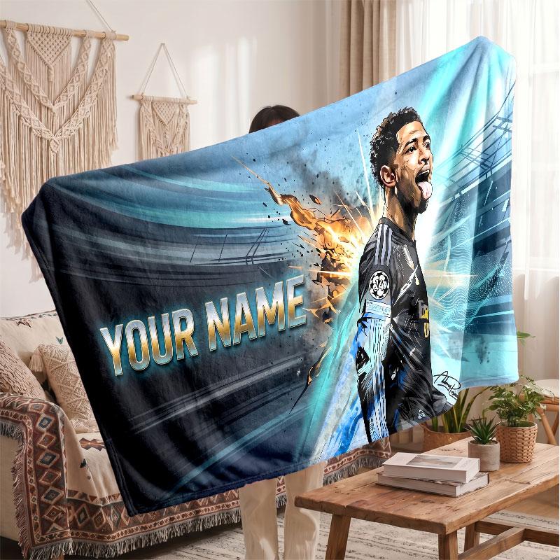 Jude Bellingham Personalized Fleece Blanket With Football Logo, Custom Name Text Soft Warm Home Throw Blanket