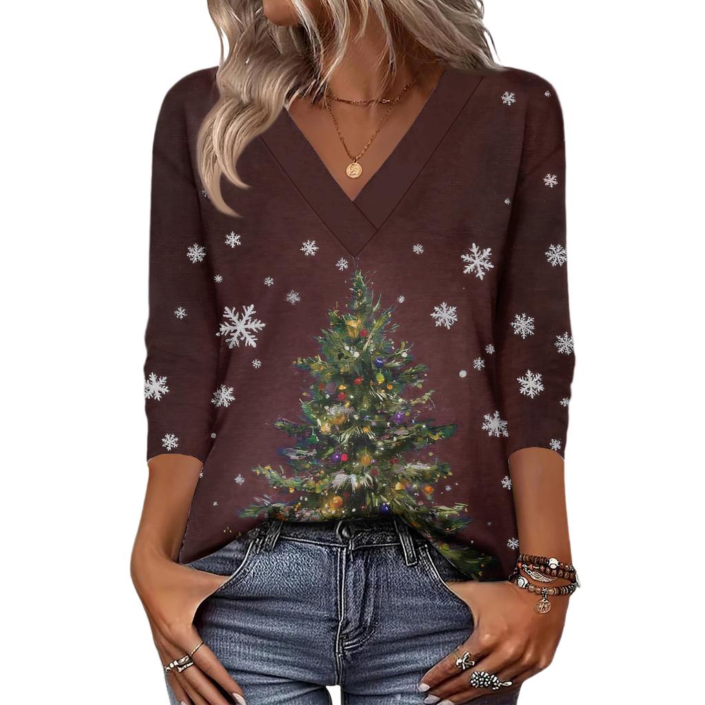 Women's Loose Comfortable Casual Fashion V-Neck Christmas Print 3/4 Sleeve Top