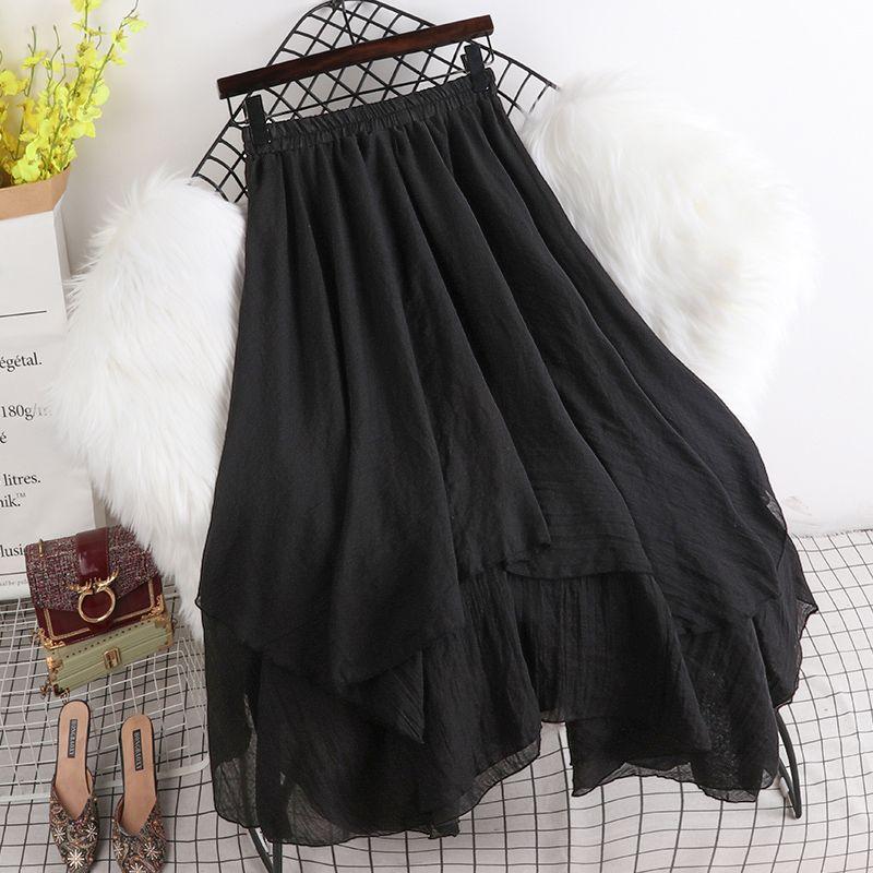 MOJTA Mid-length Skirt Spring Summer Women's Elastic Waist High Waist Skirt A-line Skirt