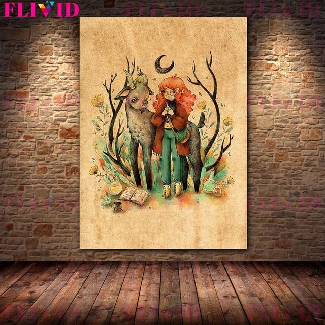 Фэнтези Маленькая Ведьма Волшебный Магазин Винтаж Настенная Картина Маслом Гриб Фея и Мотылек Принцесса Плакат