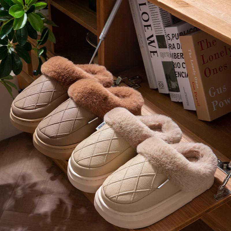 PU Waterproof Cotton Slippers for Women, Autumn and Winter New Thick-Soled Waterproof Fleece-Lined Warm Home and Outdoor Wear Slippers for Men