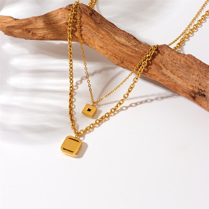Vintage Fashion Cubic Zirconia Block Chain Pendant Titanium Steel Gold Necklace