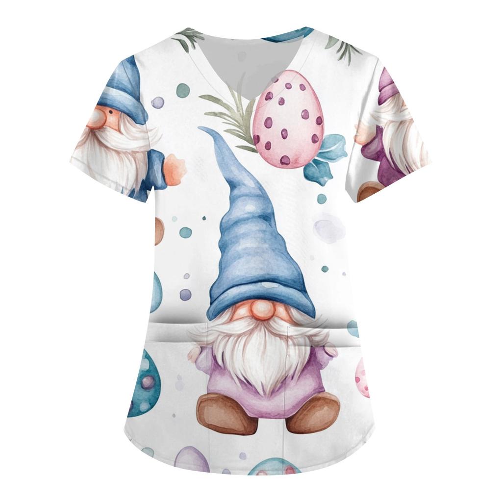 Женская модная рабочая одежда с V-образным вырезом и короткими рукавами, с карманами, с принтом в виде пасхального топа, одежда для ухода