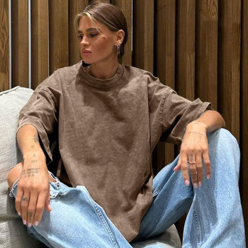 Летняя футболка с коротким рукавом большого размера для женщин, новые модные топы с круглым вырезом, свободная повседневная хлопковая футболка, женская уличная однотонная простая женская футболка 24651