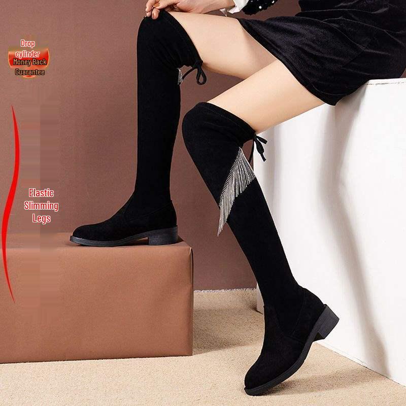 Женские замшевые ботфорты с кисточками из страз - Осень 2025 Облегающие ботинки на толстом каблуке с высоким голенищем