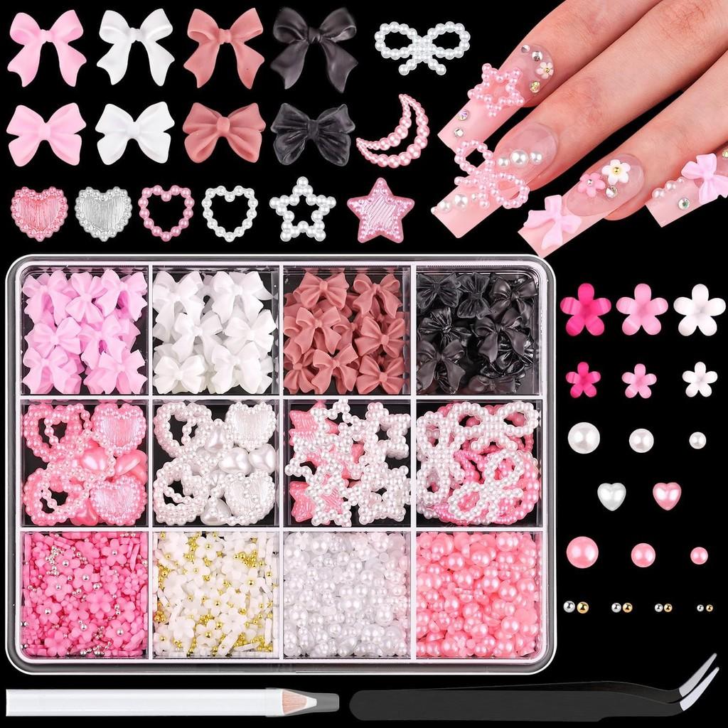12Grids/Box Mixed Resin Bowknot Nail Charms 3D Colorful Bow Kawaii Rhinestone Nail Art Decorations DIY Manicure Parts Pen Tweeze