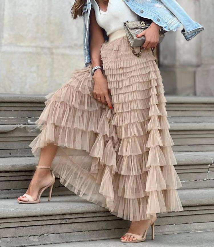 Однотонная многослойная сетчатая юбка с оборками, женская длинная юбка из тюля с высокой талией в стиле бохо, женская одежда для вечеринок на весну и лето